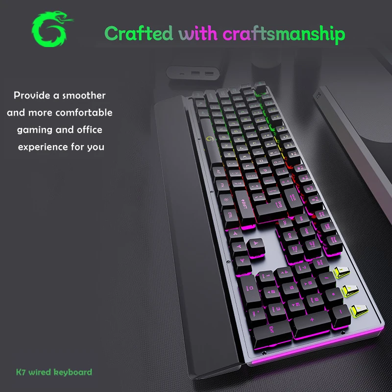 Imagem -02 - Teclado Mecânico para Jogos com Fio e Descanso de Pulso Retroiluminado Led Arco-íris Ergonômico Tamanho Completo Silencioso Silencioso Usb Computador
