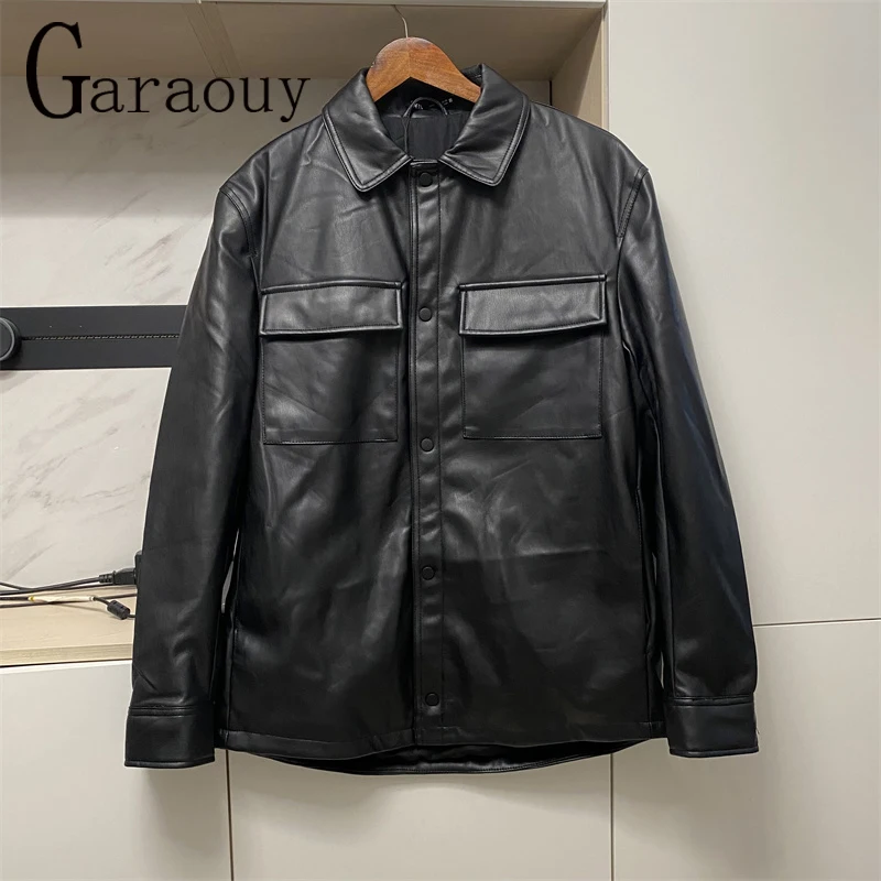 Garaouy 2023 Autumn Winter Men Fashion Black Loose Faux Leather Parka Jacket Coat Male Add Cotton Shirt Pocket Top PU Outerwear