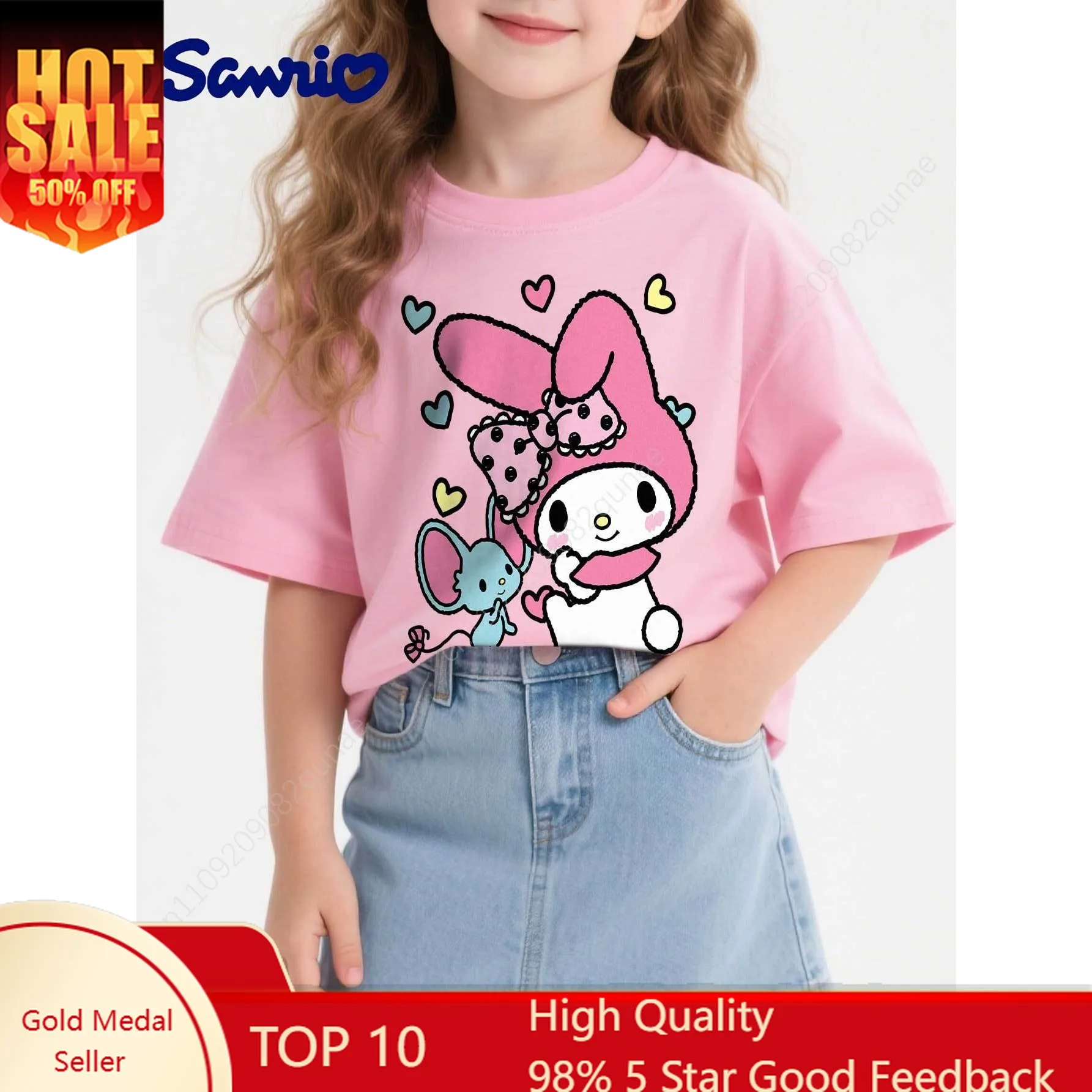 

My Melody Round Neck Short Sleeve Cute T-Shirt Children Woman Sanliou Cartoon Sports Top Mother-Daughter Matching Outfits