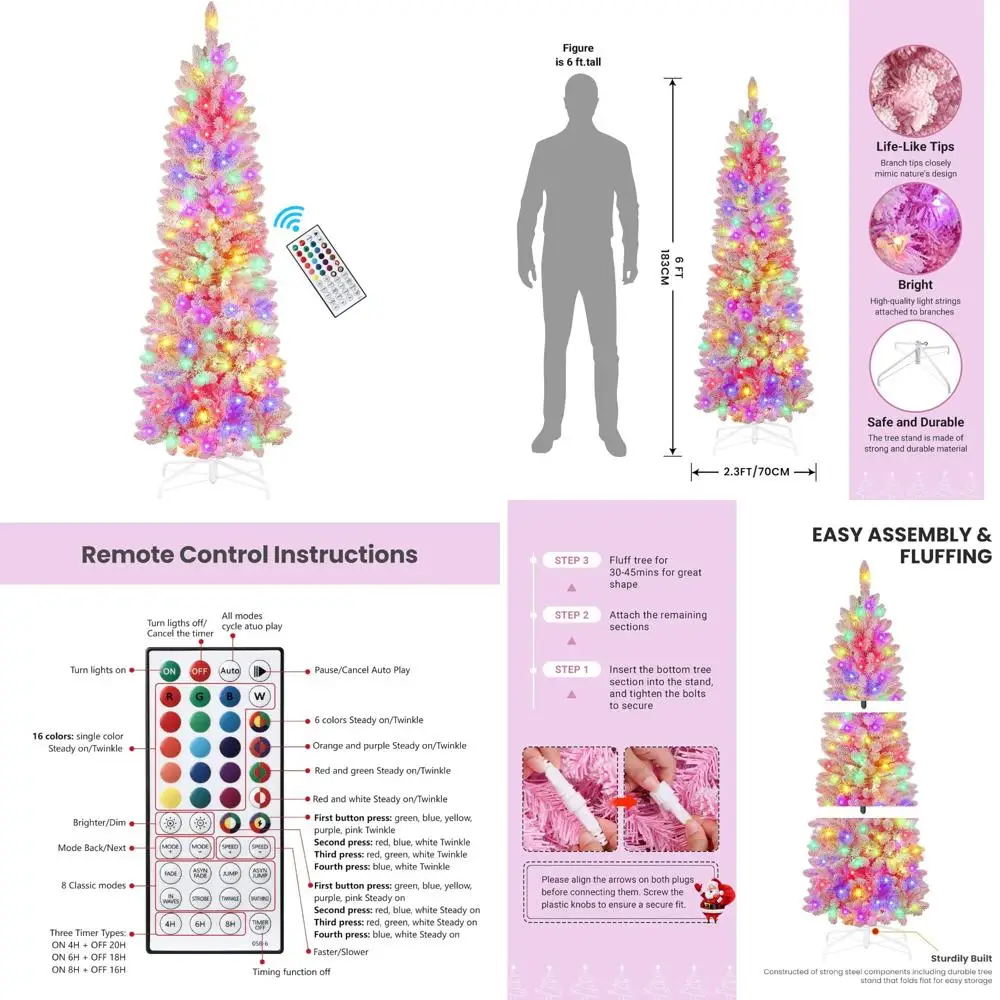 

Многоцветная тонкая рождественская елка-карандаш с RGB-подсветкой, высота 6 футов, флокированная снегом, шарнирный дизайн, пульт дистанционного управления, искусственная предварительная подсветка