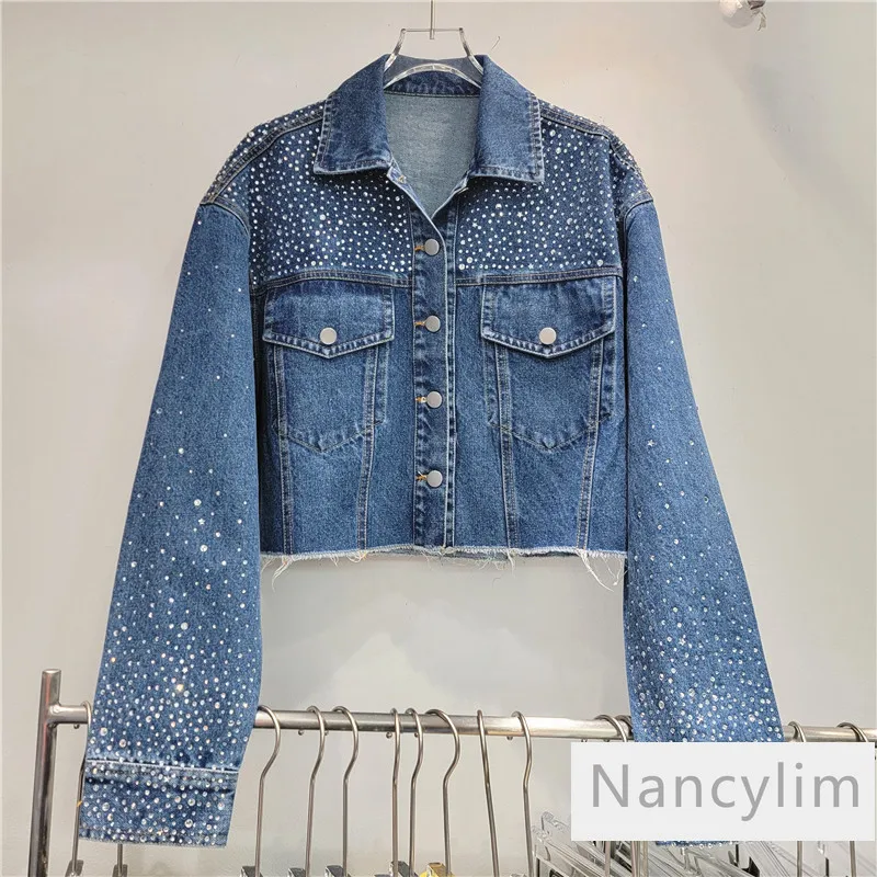 

Heavy Embroidery Hot Drilling Denim Coat for Women 2024 Autumn Blue Jean Jacket New Loose Petite Jacket Cropped Denimwear Top