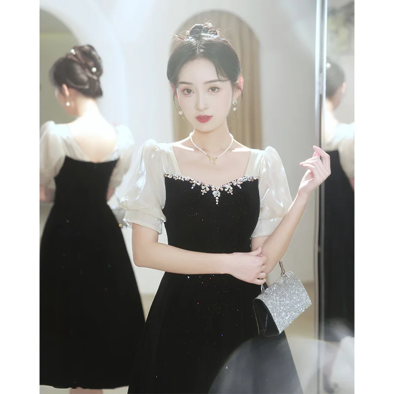 GIYSILE Abiti da sposa neri Abito da sposa a maniche corte per fidanzamento Abiti da sera con colletto quadrato Abiti da festa