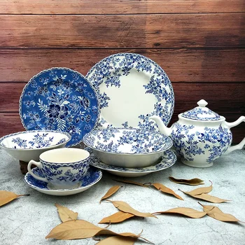 Jbs 파란색 흰색 도자기 서양 식기 수프 그릇 설탕 용기 냄비 스테이크 플랫 플레이트 세트 카운티 독일 세라믹 