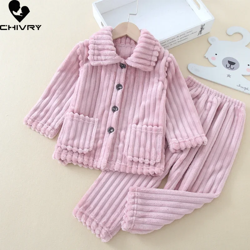 New 2022 Kids Boys Girls Autumn Winter Thick Warm Soft Flannel Pajama Sets Solid Lapel Tops with Pants Sleeping Clothing Sets