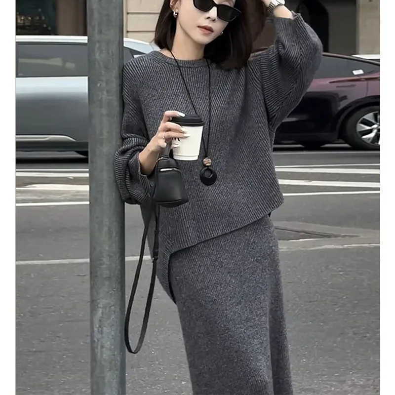 

Women Two Piece Sets Skirt Set Round Neck Full Sleeve Sweaters Irregular Long Skirts High Waist Y2k Streetwear Elegant Autumn