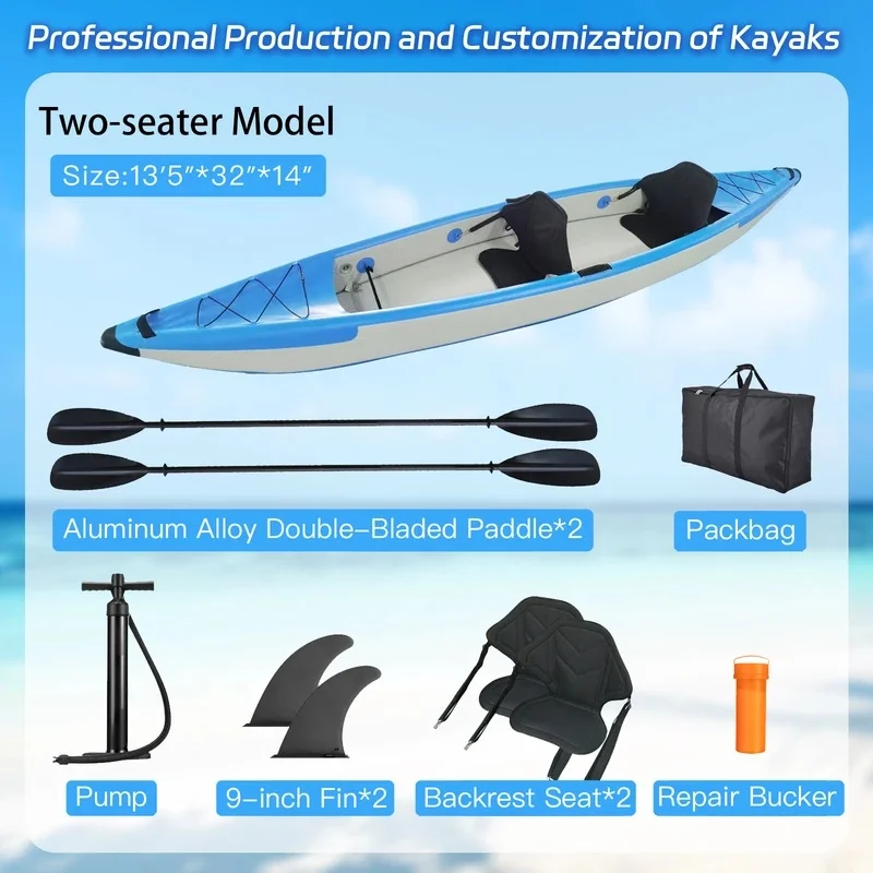 Tandem Kayak 4.1M Long with kayak paddle, kayak seat, bag, kayak pump with 3 air chambers