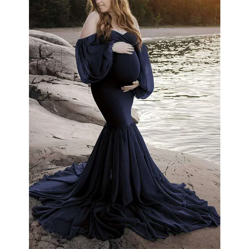 فستان حمل بدون أكتاف بلون سادة لالتقاط الصور مع الكشكشة ودعائم التصوير الفوتوغرافي فستان حمل الحمل