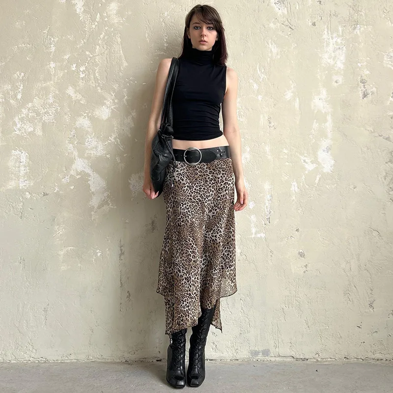 Elegant Leopard Print Mesh Asymmetrical Long Skirt Women's Fashion Autumn Winter New Arrival  Skirt Loose Fit Chinese Origin
