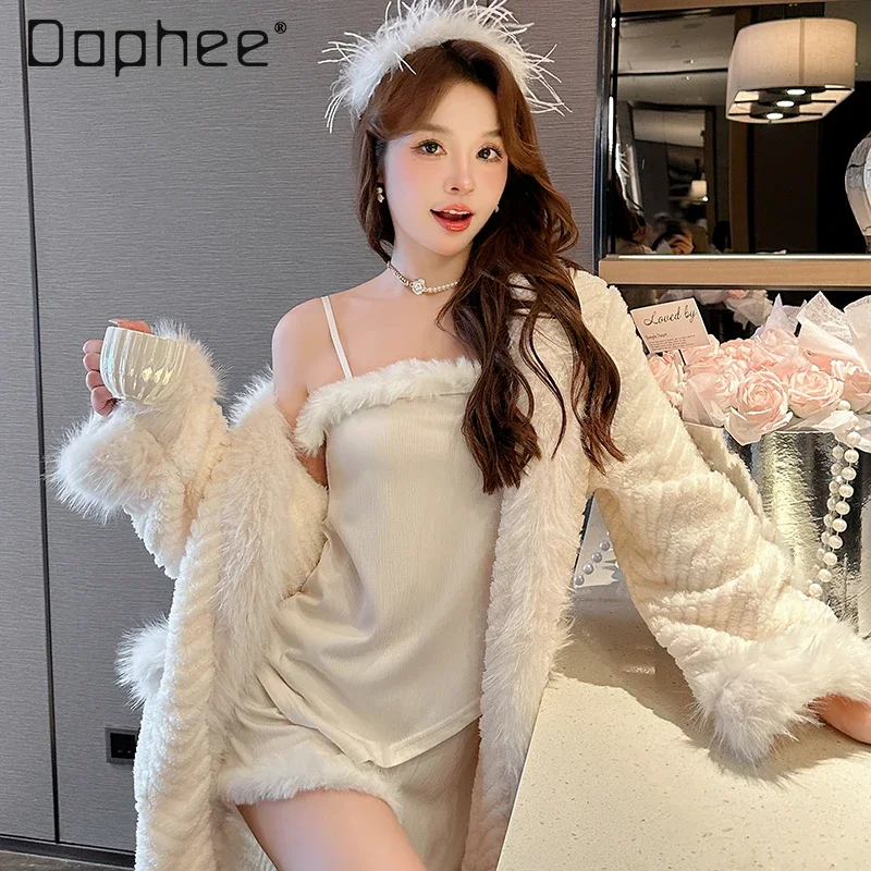 

Coral Fleece 3 Piece Sets Thick Fluffy Robe + Camisole + Shorts Women Winter Lace Up Pockets Homewear White Bathrobe Fashion