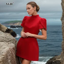 VGH Hollow Out Spliced Bowknot Party Dress For Women Stand Collar Short Sleeve Backless High Waist Solid Mini Dresses Female New