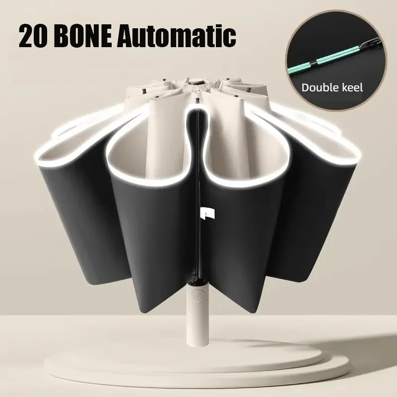 

20 Bone Reflective Umbrellas Reverse Three Fold Black Glue Automatic Sunshade Sunscreen Rain Umbrella Strong Wind Resistance