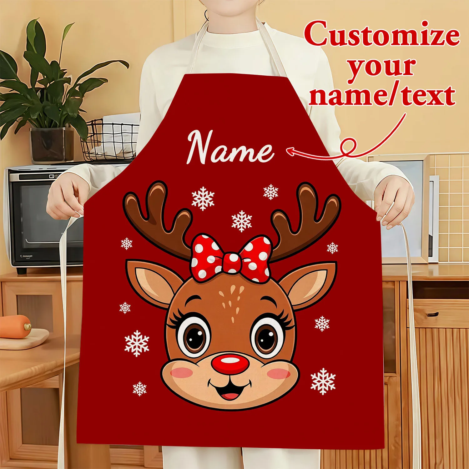 1PC Custom Christmas Apron Personalized Name Slogan Cute Bow Reindeer Cooking Baking Kitchen Apron for Women Men Xmas Gift