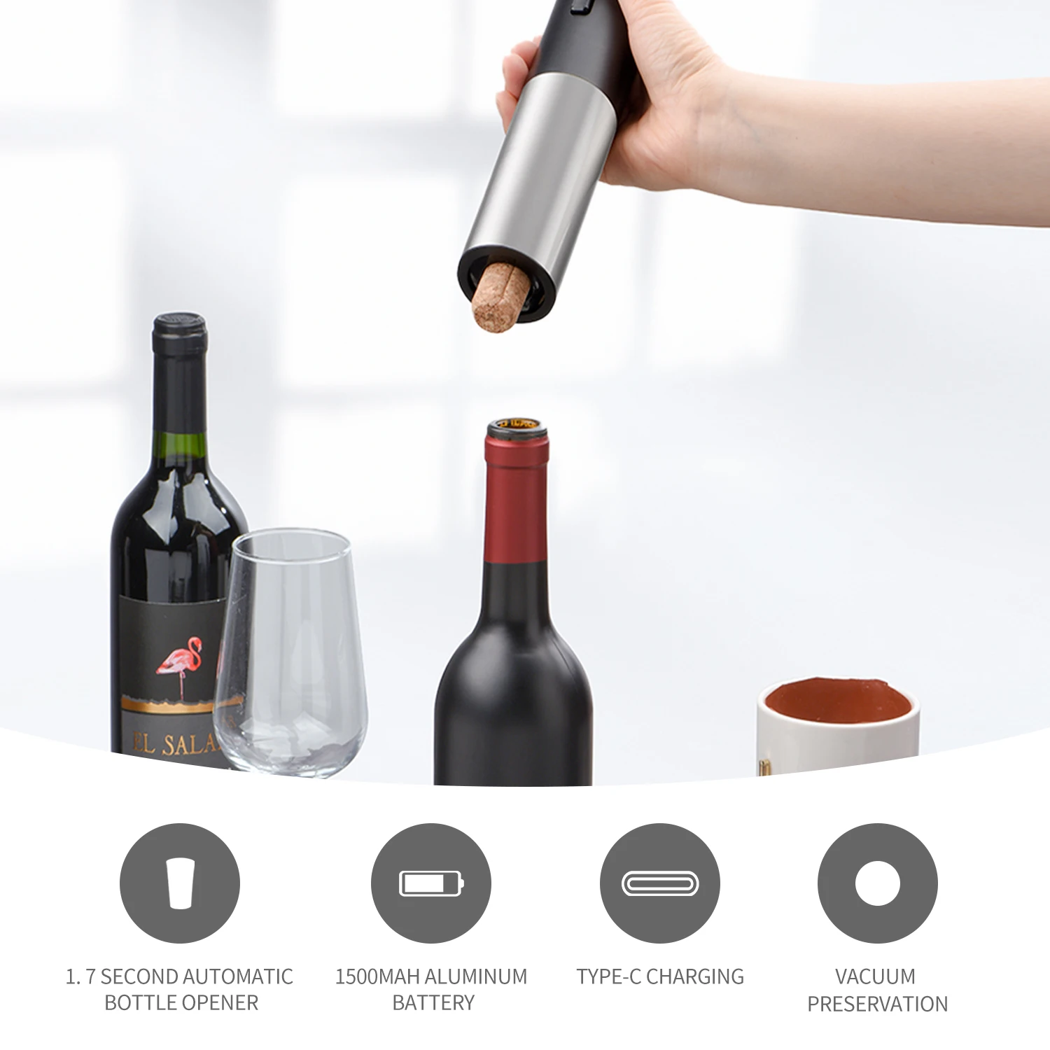 Wine Corkscrew Electric Wine Bottle Opener Rechargeable Automatic Red Wine Opener Set With Base, Pourer, Vacuum Stoppers