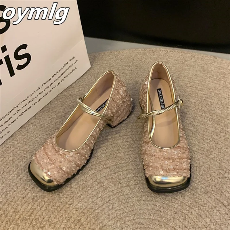 Sparkling Shallow Mouth Mary Jane Shoes for Women 2024 Summer New Style Coarse Heel Square Head Versatile Single Shoes