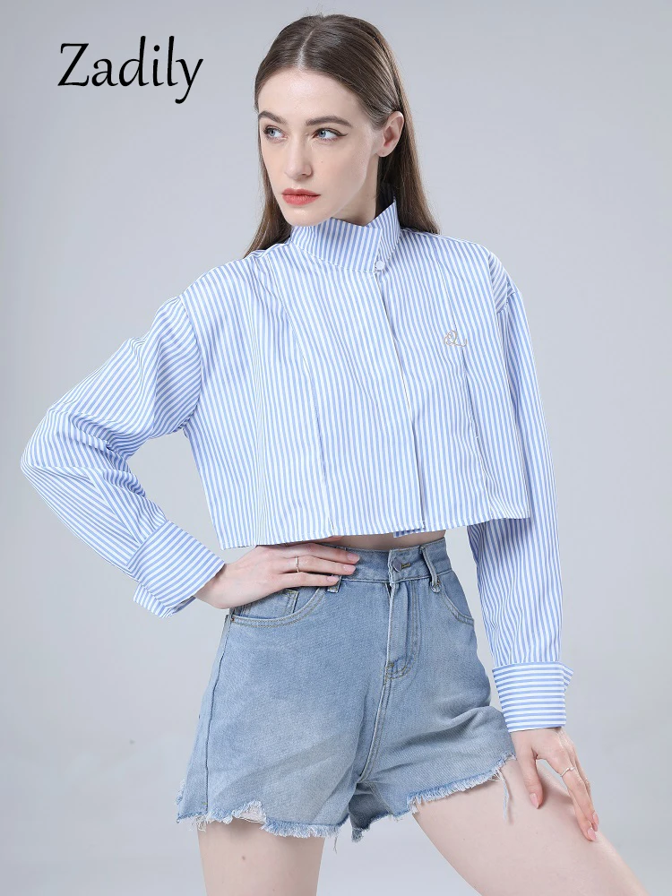 Long Sleeve Striped Shirt Korean Style Button Up Stand Neck Crop Tops Embroidery Ladies Blouse Streetwear Clothing Sumer 2024