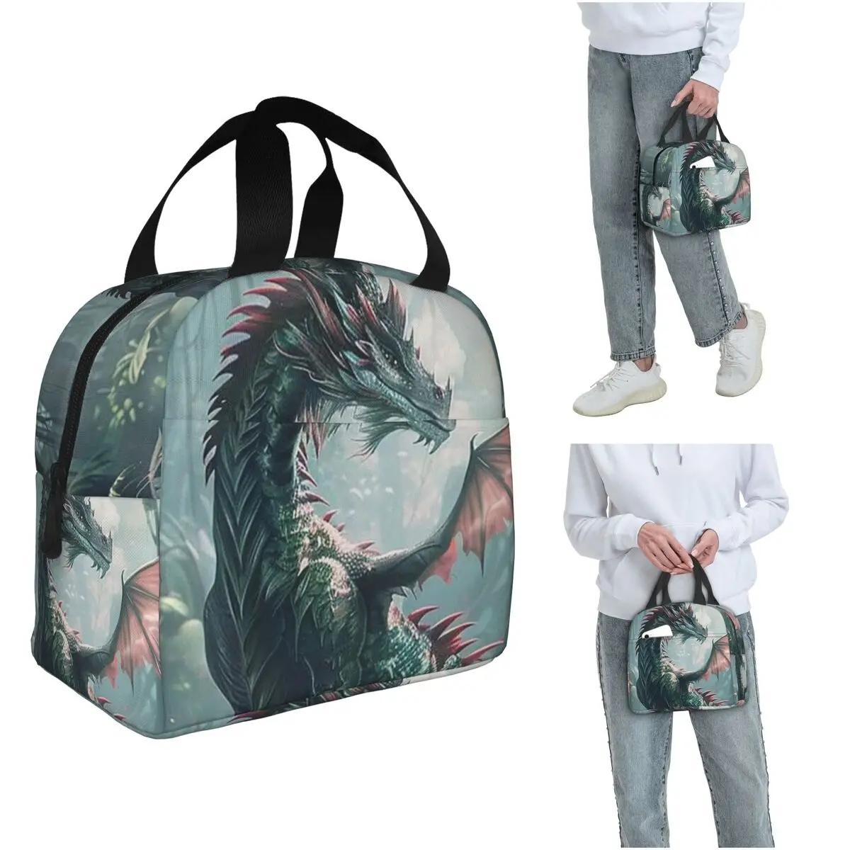 Green Dragon In The Forest Insulated Lunch Bag for Women Kids Portable Food Boxes Thermal Lunch Box Tote