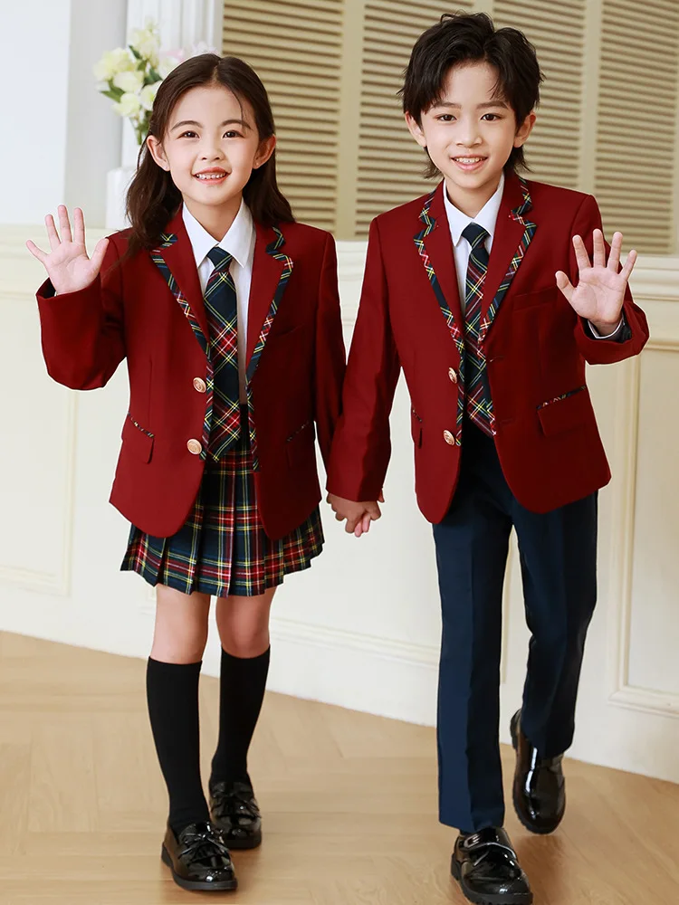 

Kids British School Uniform Girls Korean Jacket Pleated Plaid Skirts Boys Blazers Pants Suits Children Teens Student Clothes Set