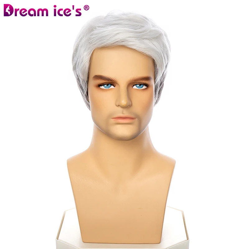 Mixed White Gray Short Straight Hair Synthetic Wigs For Old Men Natural Straight Wave Heat Resistant Fiber Male Daily Wear Wigs