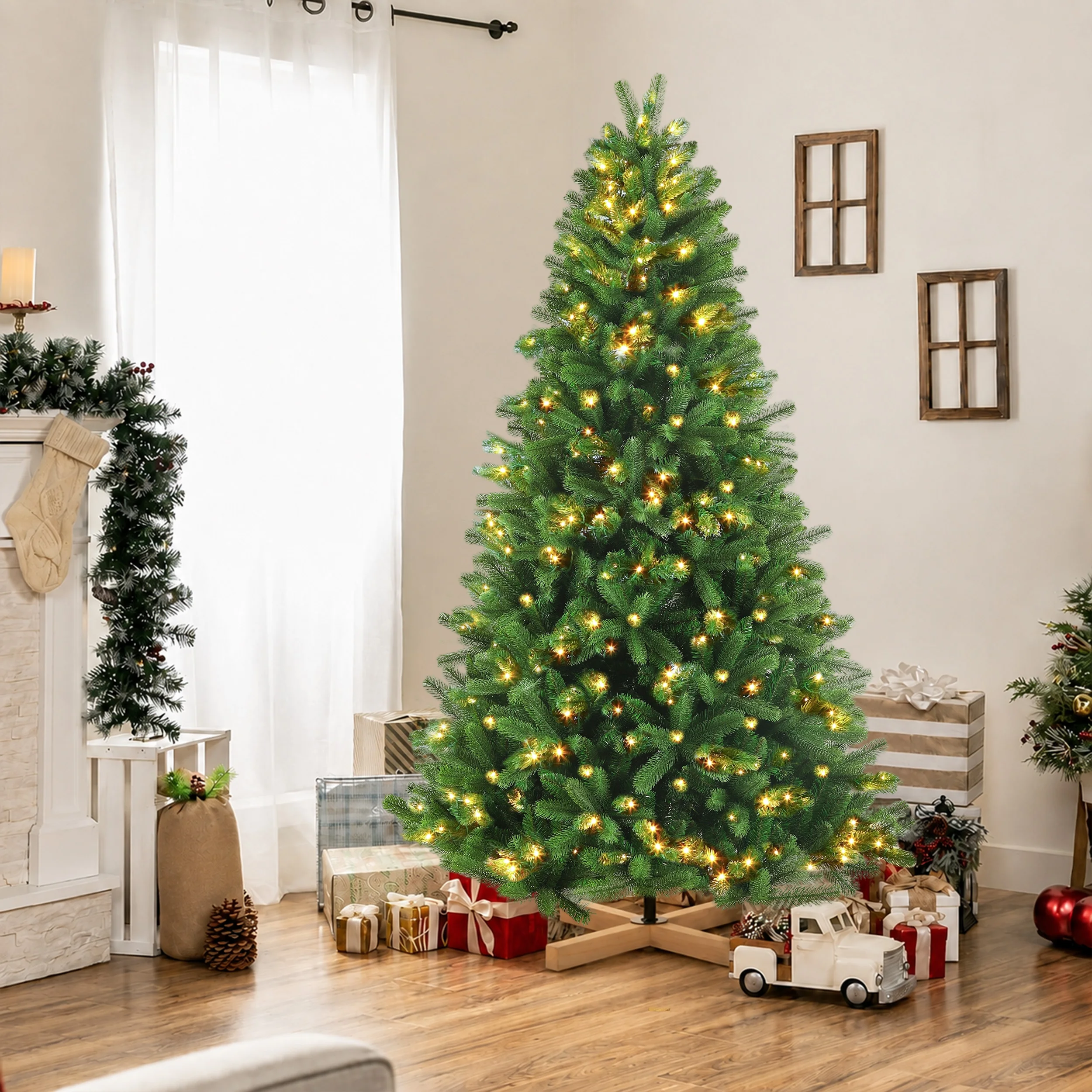 Vorgefertigter künstlicher Weihnachtsbaum mit gemischten PE- und PVC-Zweigen, warmweißes LED-Licht, flammhemmende, geruchlose Spitzen, Holzständer, 180/210/235 cm, vollständig wiederverwendbarer Weihnachtsbaum für Heim-, Büro- und Partydekoration. – Detail 11