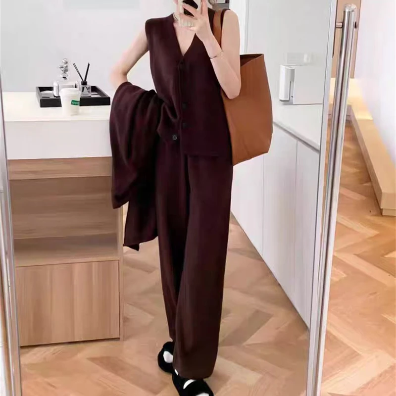 Winter Warm Knitted 3 Pieces Sets For Women Clothing Office Ladies Elegant Single Breasted Vest+long Cardigans+wide Leg Pant Set