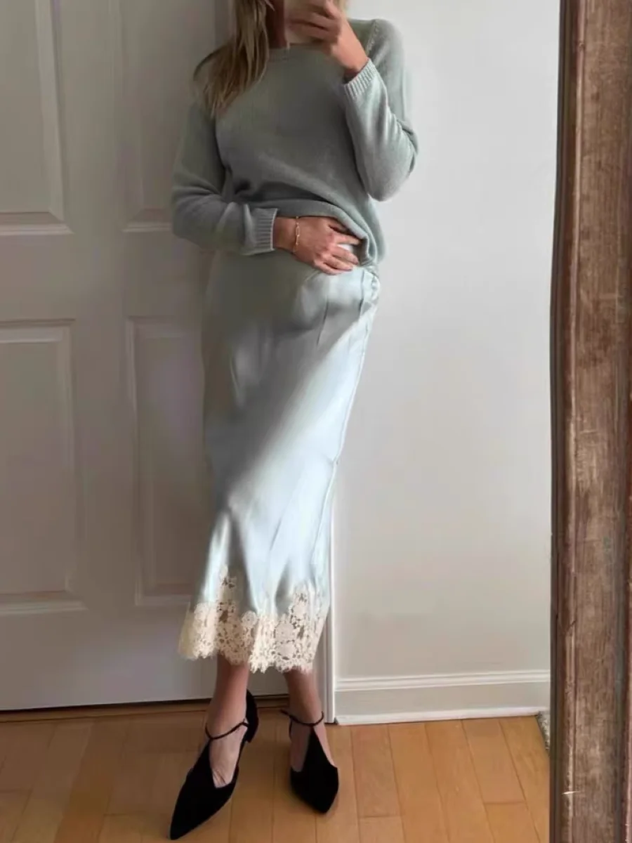 7 Colors Women 100% Silk Long Skirt Diagonal Cut Lace Embroidery Patchwork Elastic Waist Elegant Slim Midi Jupe