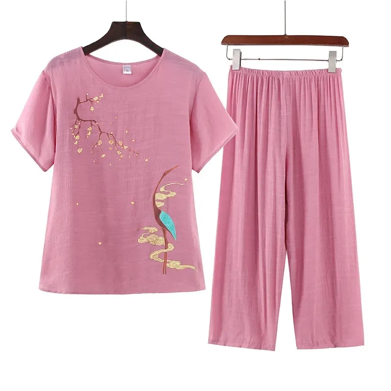 Middle Aged Women Summer Cotton Linen Short Sleeve Two Piece Set Summer Ladies Pajamas Top + Pants Two-Piece Set  Home Service