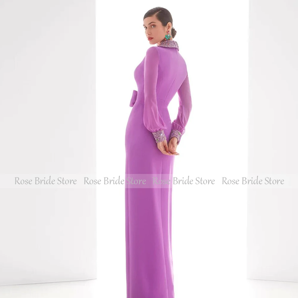 Classic Women\'s Evening Gowns Purple Satin Bow Button Rhinestone Front Fork Sheath V-neck Floor Length Dresses Gowns 2024