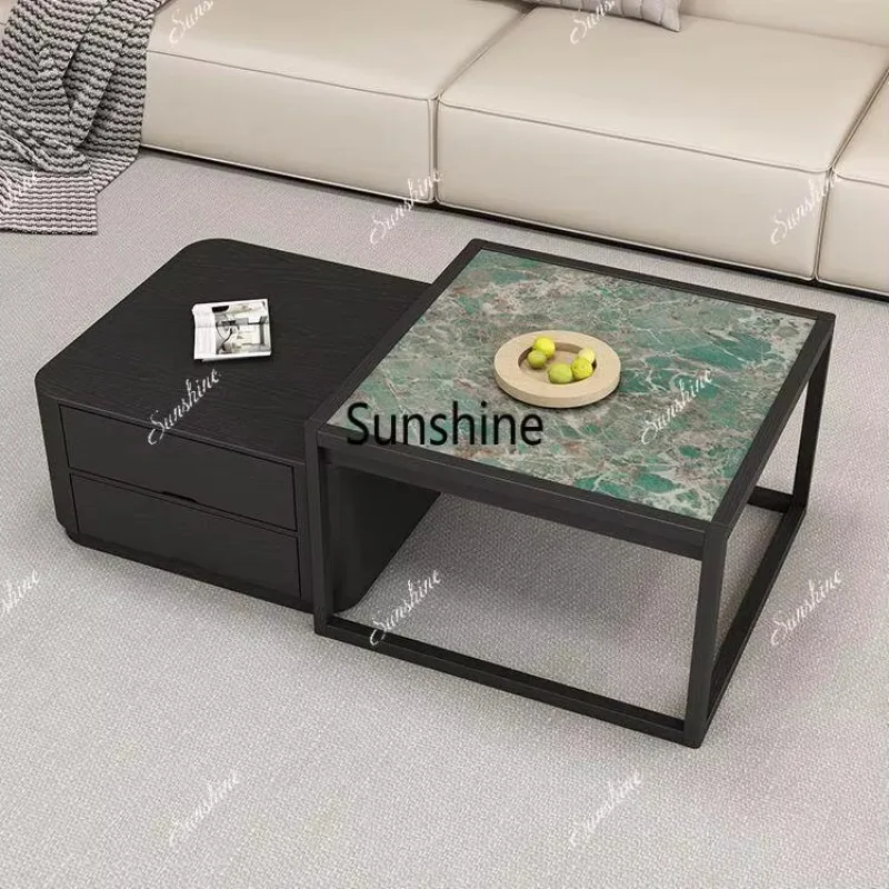 

YSolid wood coffee table size combination, living room with drawers, light luxury marble slate