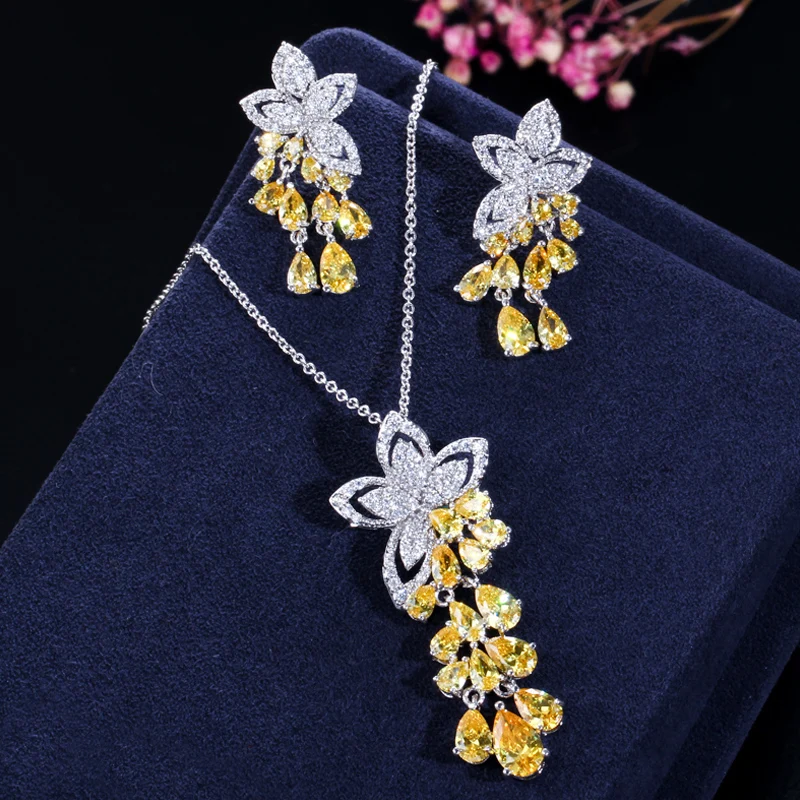 ThreeGraces 2023 New Fashion Yellow Cubic Zirconia Cute Small Flower Earrings and Pendant Necklace Jewelry Set for Women JS601