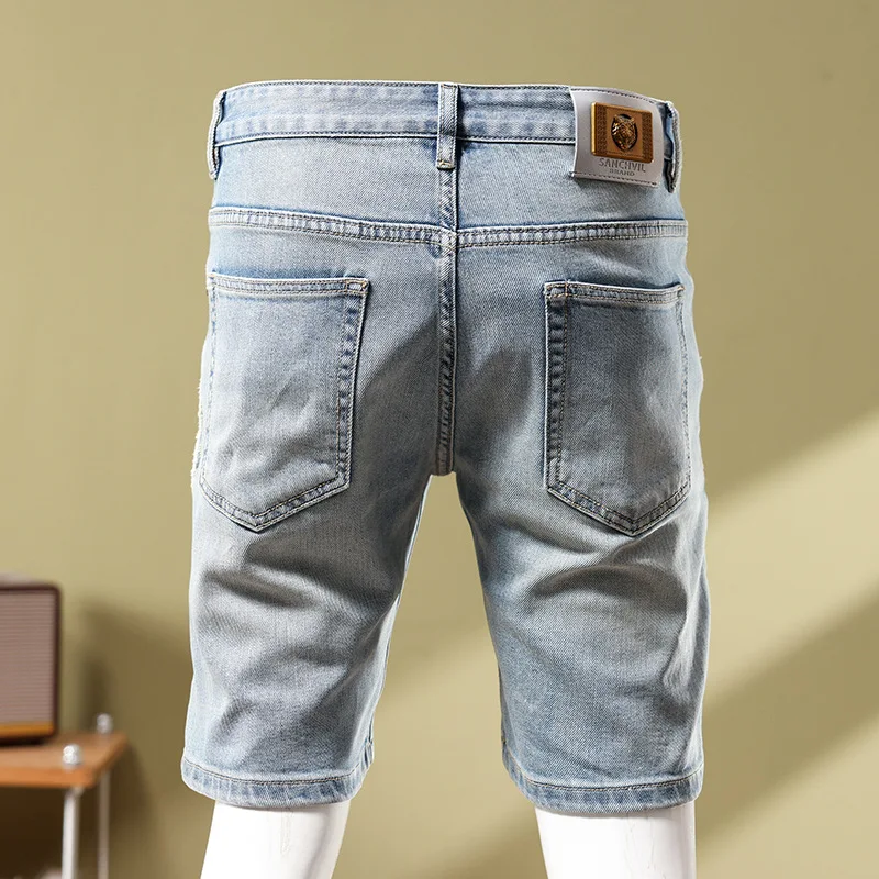 American style denim shorts men's patchwork slim fit small leg cropped pants new summer distressed beggar shorts jeans