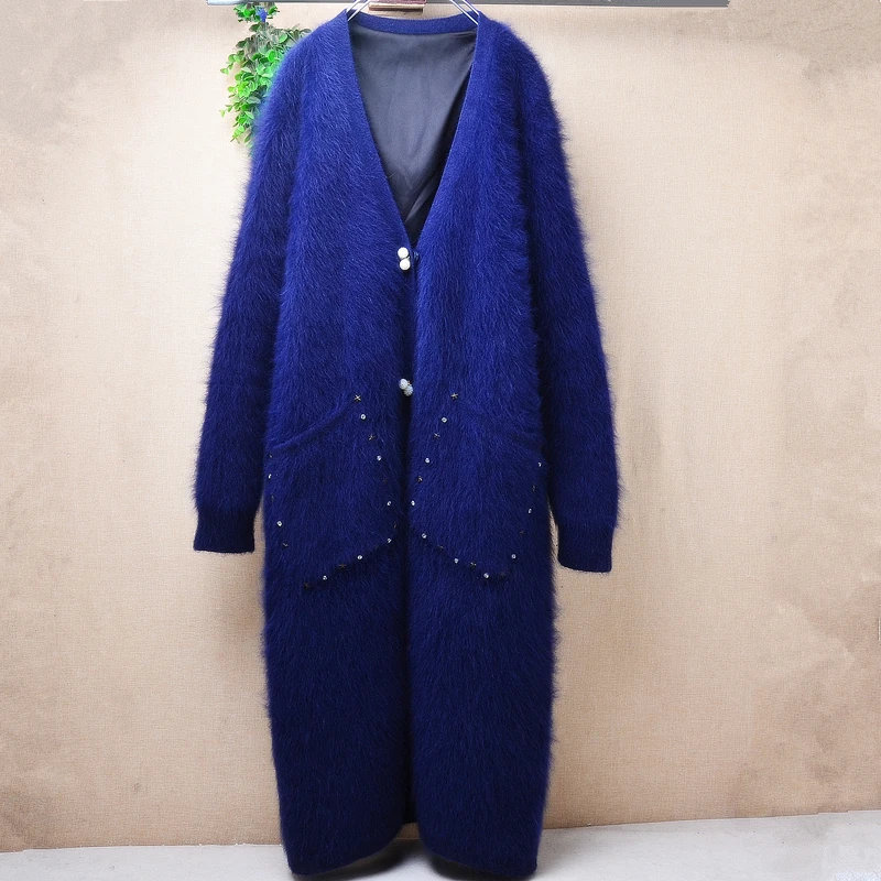 1.3KG Heavy Thick Female Women Autumn Winter Blue Bead Hairy Mink Cashmere Knitted Long Sleeves Loose Long Sweater Cardigan Coat