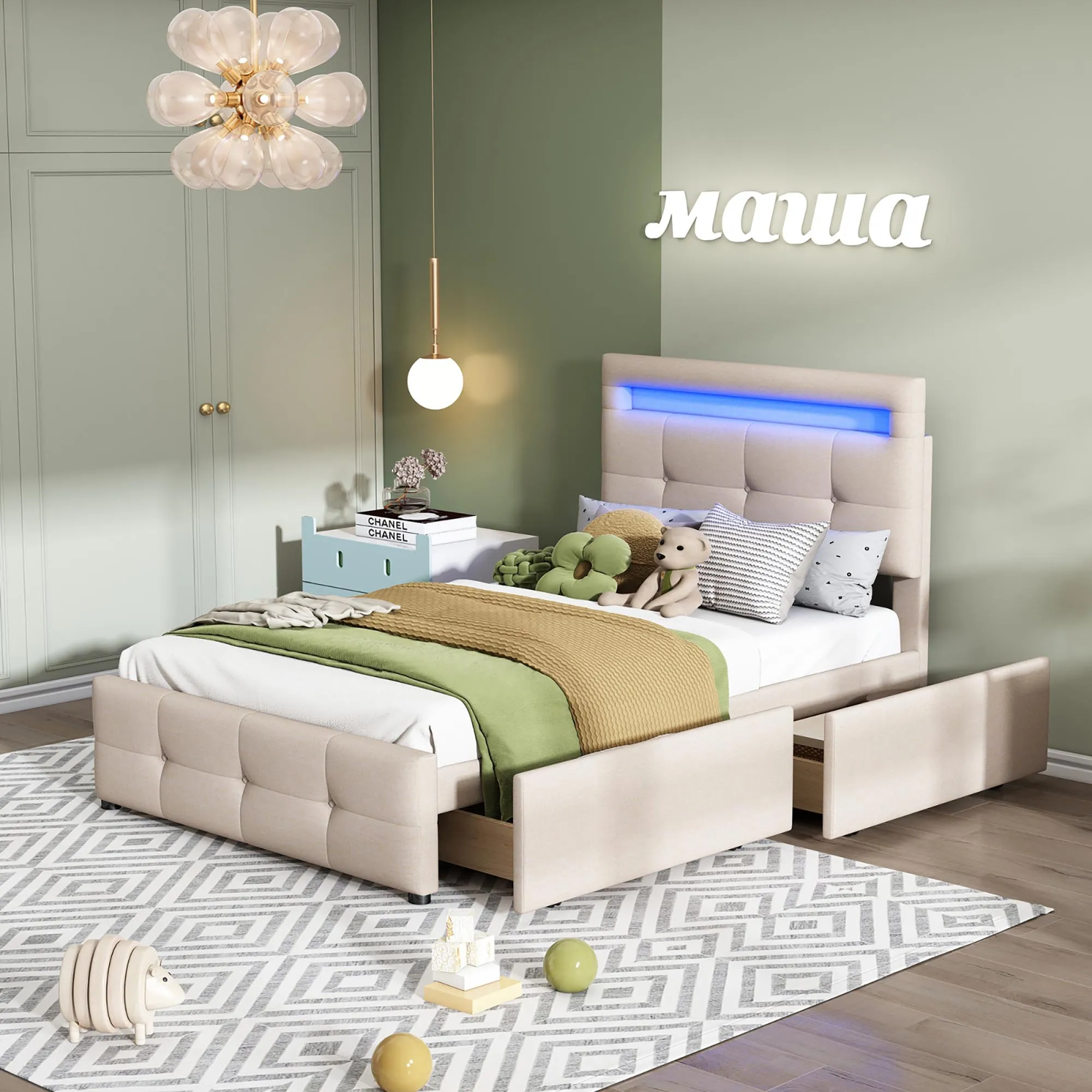 Upholstered Bed 90*200cm with LED Lights, 2 Drawers, Linen Upholstery Flat Single Bed Cot Youth Bed Guest Bed Children Bed