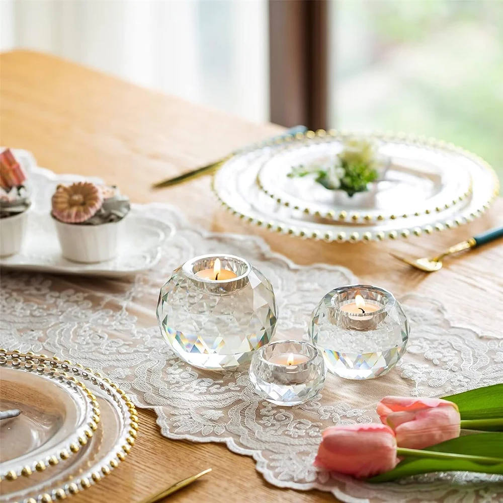 Crystal Diamond Tealight Candle Holder for Wedding Party, Clear Glass Tea Light Candles Holder for Home Room Desk Decor