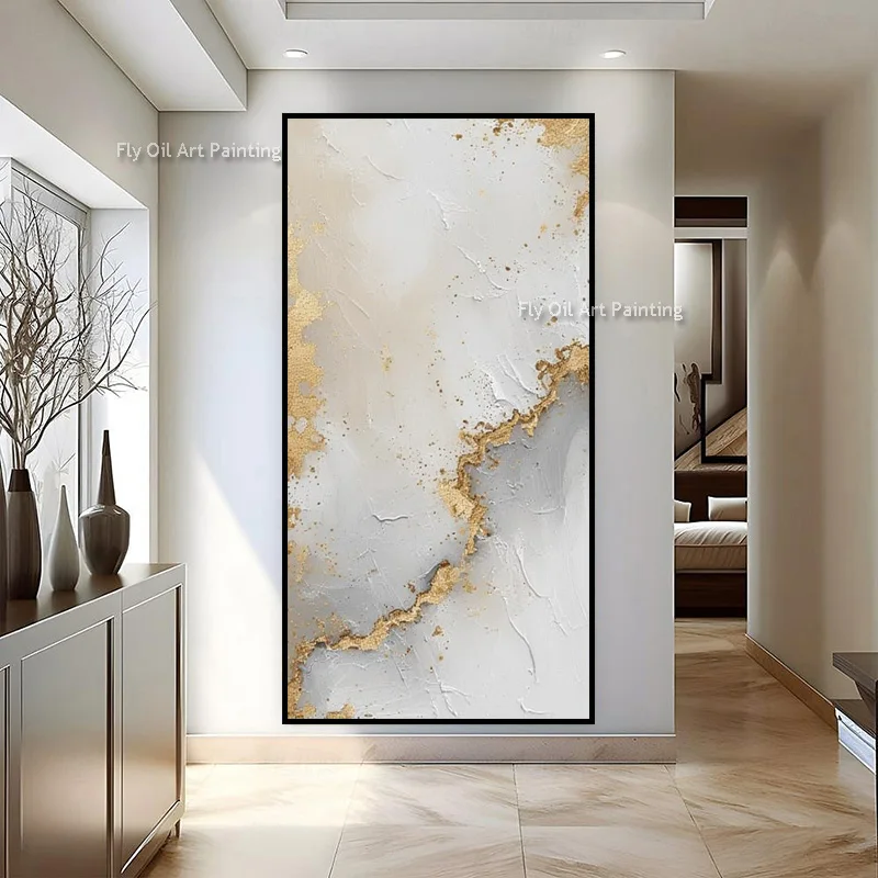 Original Hand Painted Gold Leaf Abstract Canvas Painting, Vertical Neutral Textured Contemporary Home Oil Artwork