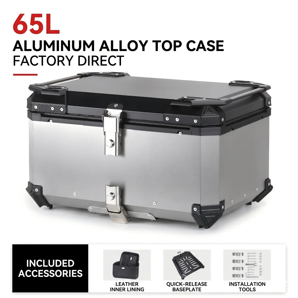 65L Aluminum Alloy Double Lock Motorcycle Top Case Silver Extra Large Tail Trunk Waterproof Luggage Box Long Distance