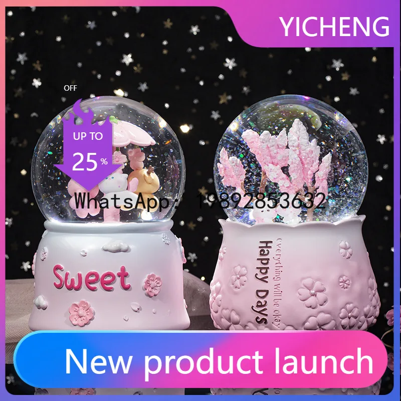 

PYJ girl's heart cherry blossom snow crystal ball cartoon lantern music box desktop decorative ornament