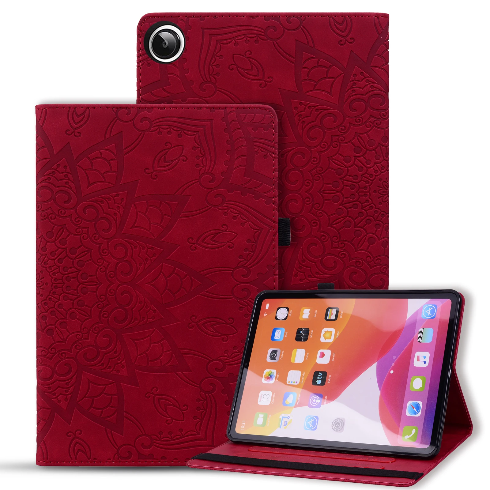 

For Samsung Galaxy Tab A11+ / Tab A9+ Tablet Case Card Slots Leather Cover Flower Pattern - Red