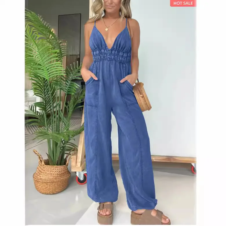 Women's Solid Backless Criss Cross Halter Neck Wide Leg Jumpsuit, Casual Sexy Sleeveless Jumpsuit for Summer,