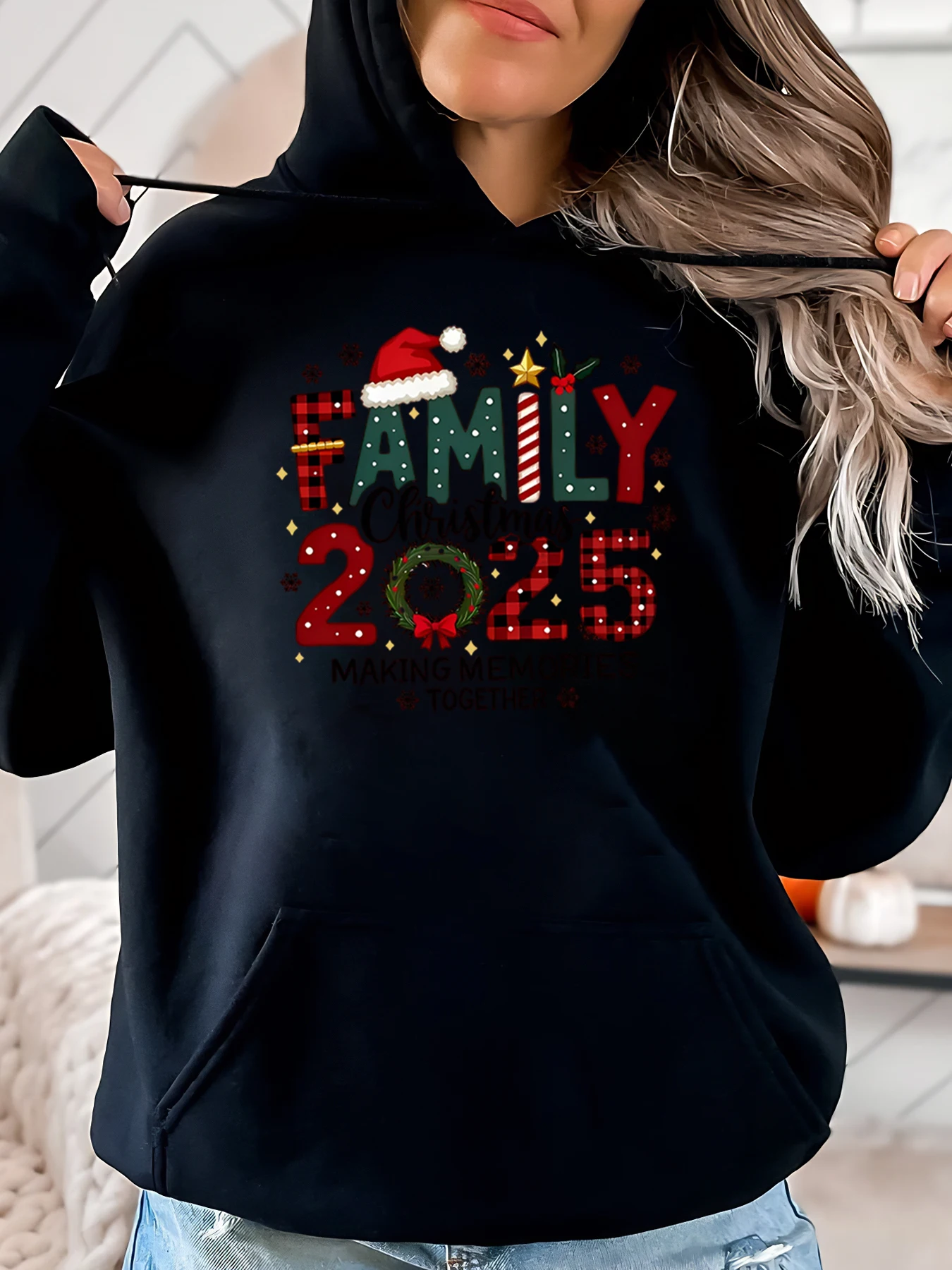 

Семейное Рождество 2025 года, толстовка с принтом «Вспоминания вместе», женская праздничная одинаковая одежда для всей семьи, черный, больших размеров