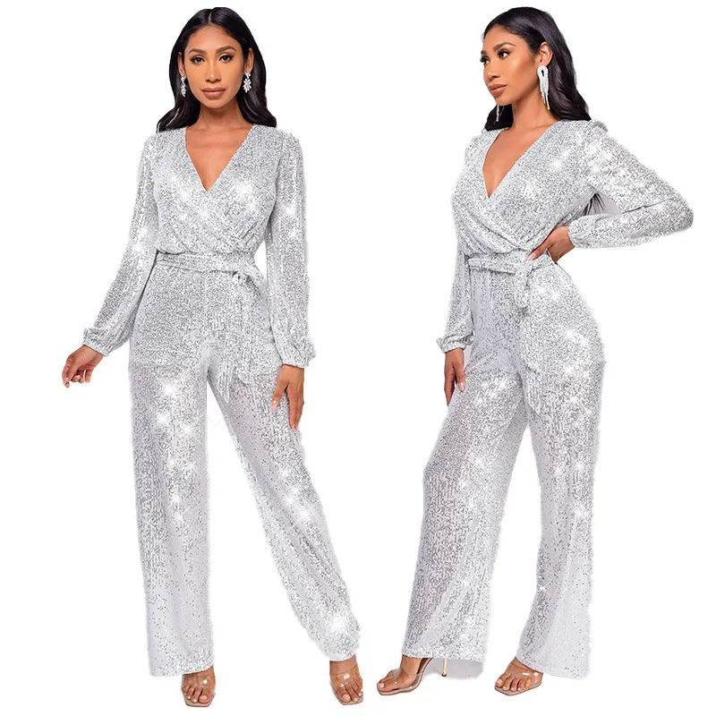 Hot Sale Sexy Long Sleeve V-Neck Luxury Sequin jumpsuit for women party Wide Leg jumpsuits 2023