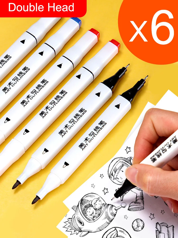 6 pcs/lot Twin Tip Permanent Marker Pen Art Outliners Fine Point Waterproof Ink Thin Nib Crude Nib 0.5mm-1.5mm Fine Color