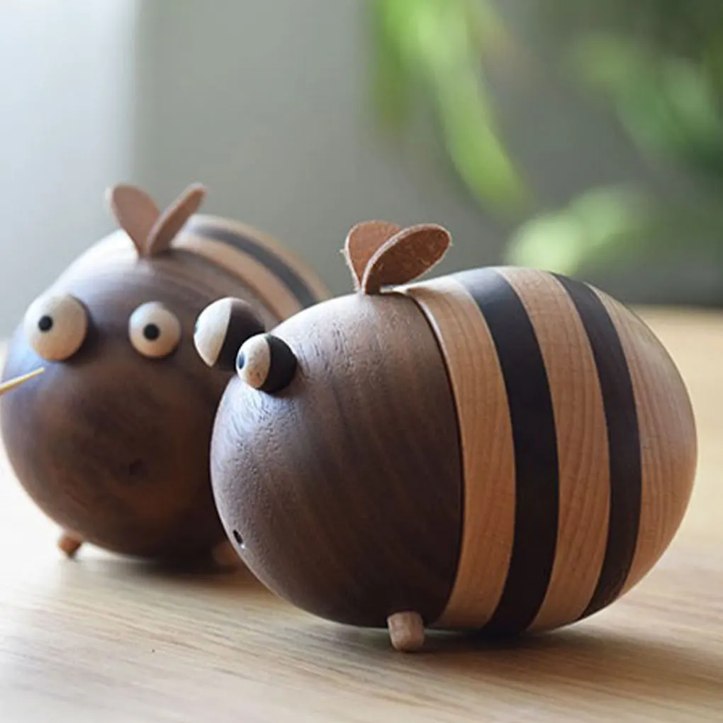 Wooden Toothpick Box Bee Shape Toothpick Holder Cartoon Moisture-proof Toothpick Dispenser Home Dining Room Decoration