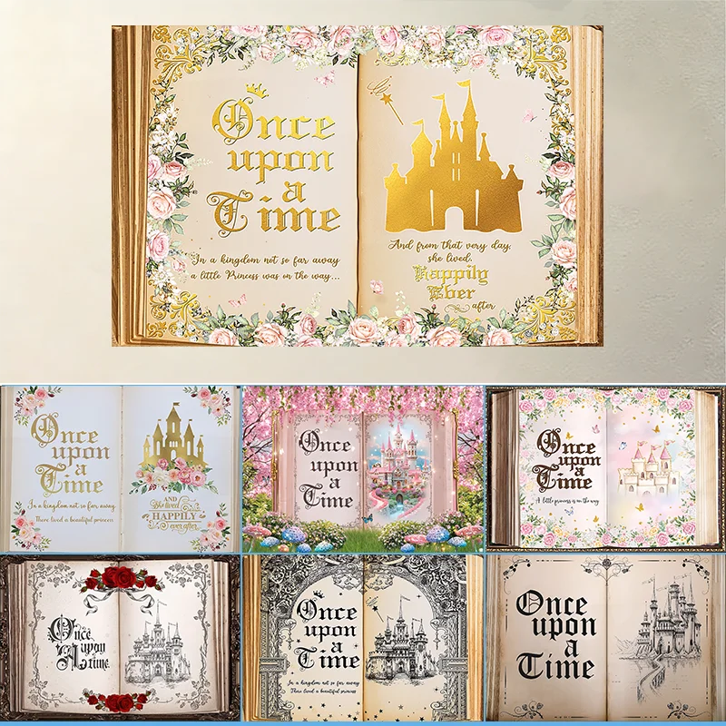 Märchenbuch-Hintergrund „Es war einmal“ Rosa Schwarz Blumenmuster Schmetterling Farbiges Schloss Prinzessin Hochzeit Geburtstag Party Dekoration