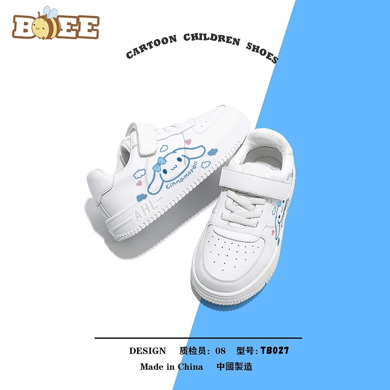 Adorável Cinnamoroll sapatos brancos pequenos para crianças, Anime Kawaii Sanrio, calçados esportivos finos e respiráveis dos desenhos animados, sapatos bonitos, presente infantil, verão