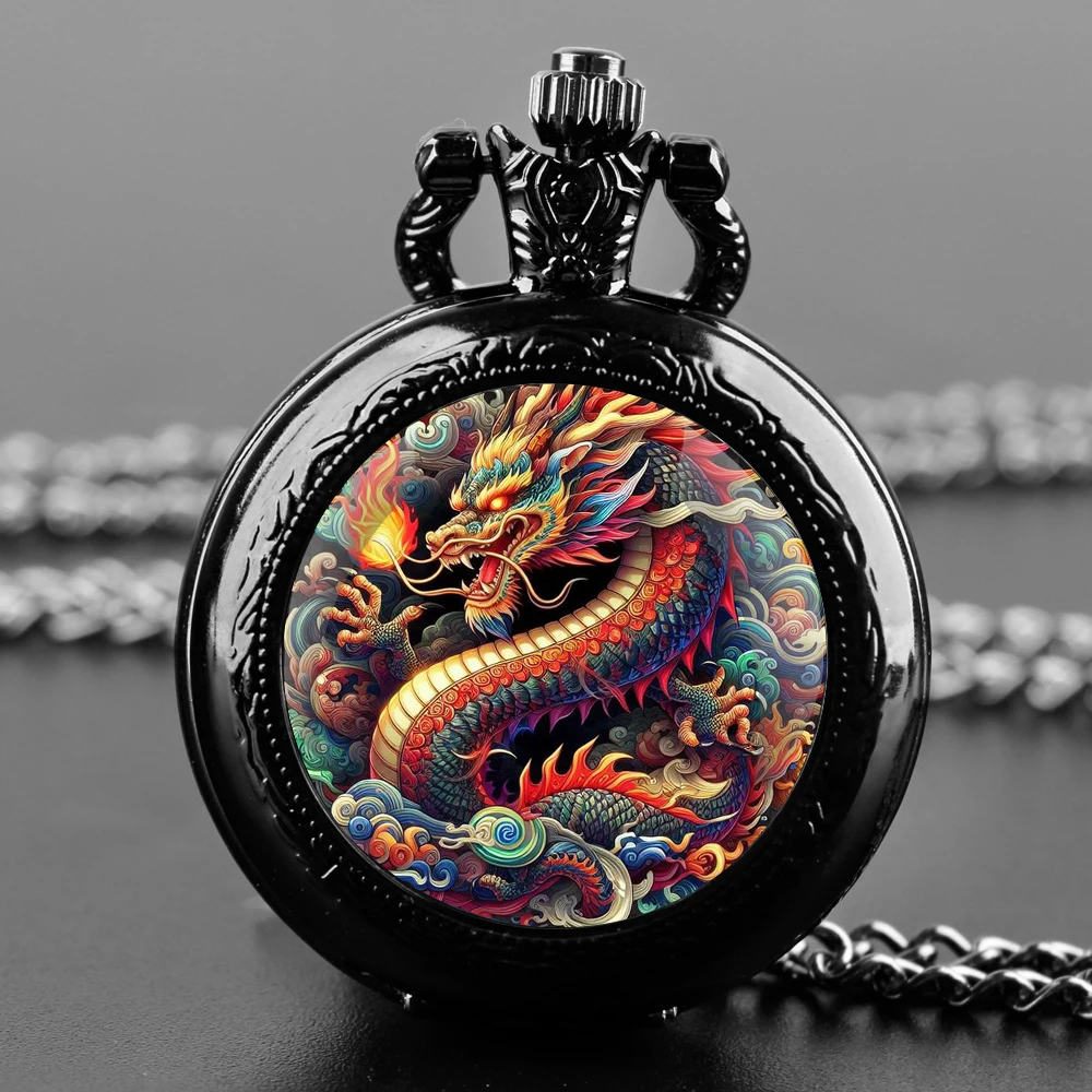 Exquisite Dragon Wolf Glass Dome Quartz Pocket Watch Necklace Pendant Gifts For Women Man with Fob Chain