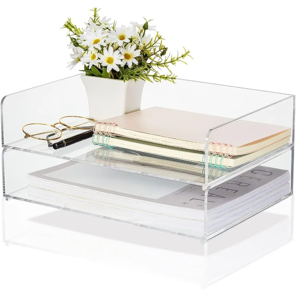 2 Pcs Acrylic Desk Organizers (12.4 x 8.74 x 2.68 Inch); Stackable Paper File Tray for Office Workspace Organization.