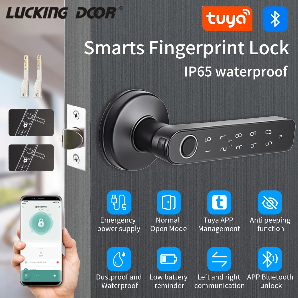 Tuya Smart Fingerprint Door Lock knob Bluetooth Wireless Digital Door Lock Keyless Entry Door Latch Home Security Remote Lock