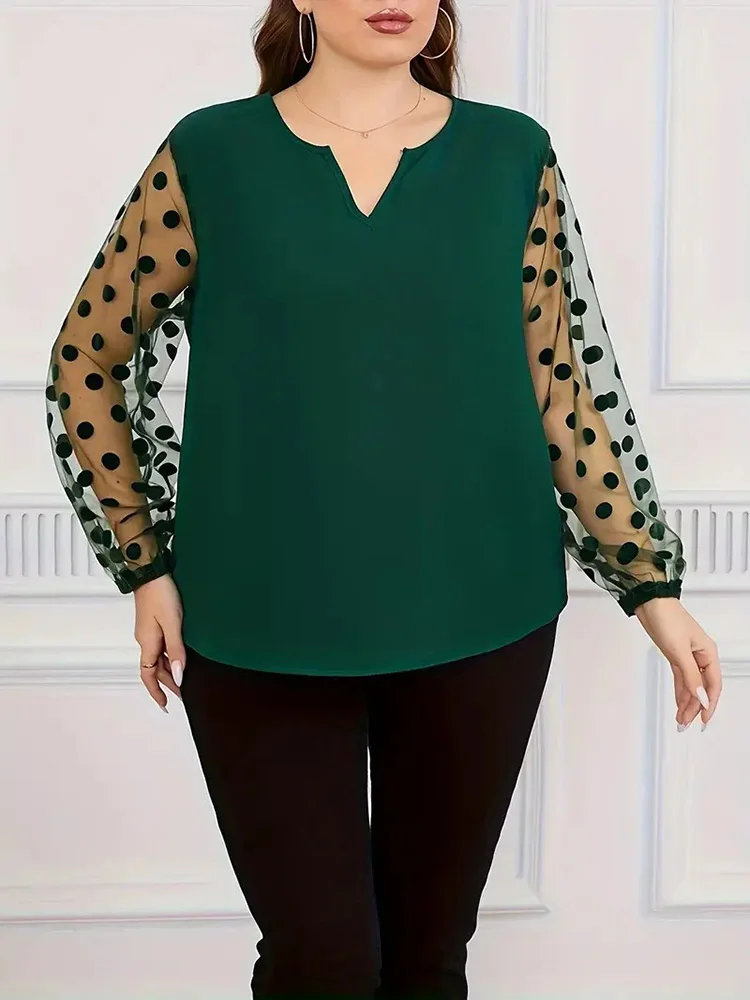 GIBSIE Plus Größe Kerbe Neck Dot Mesh Langarm Bluse Frauen Frühling Sommer Schwarz Elegante Büro Damen Casual Tops Blusen