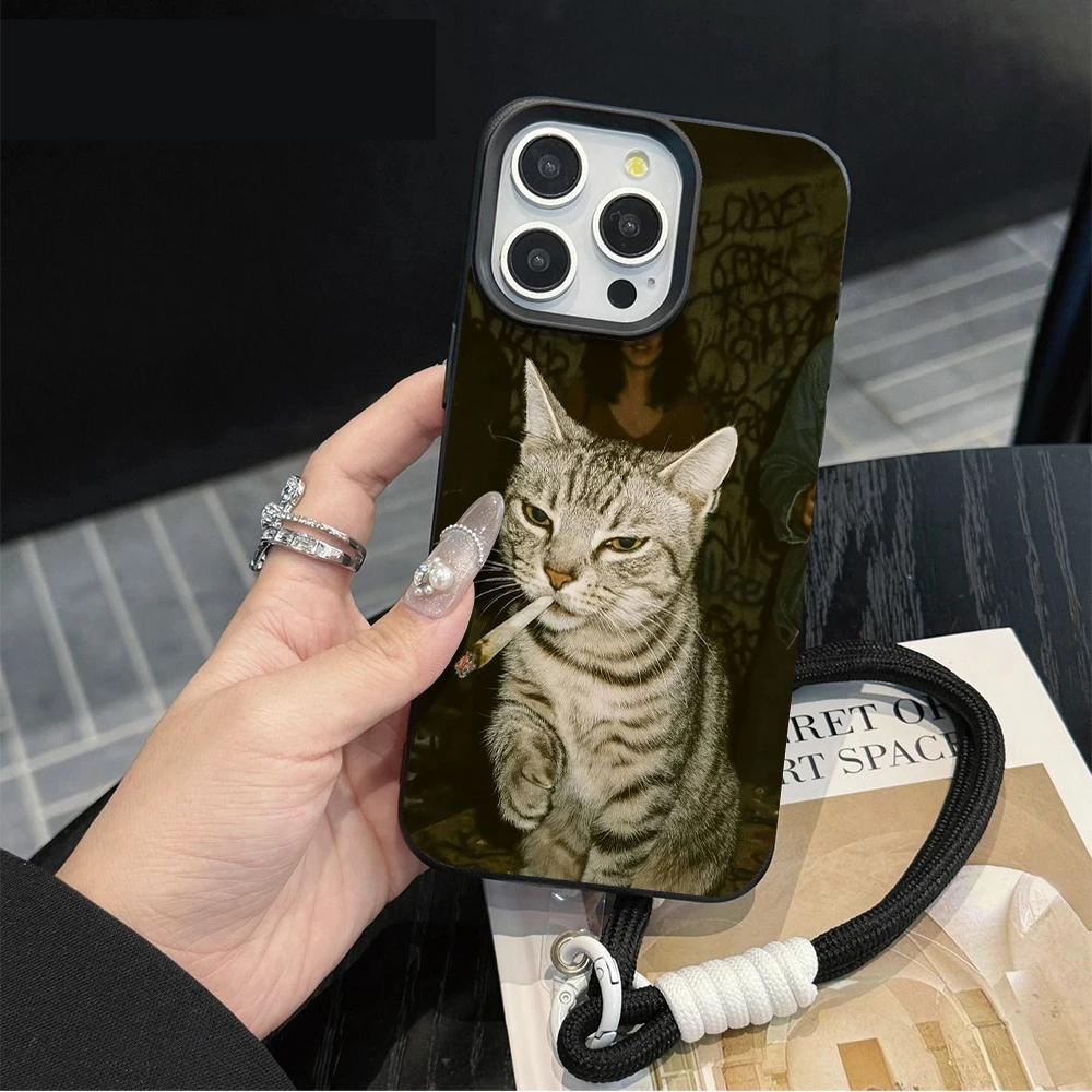 Чехол для телефона с ремешком и рисунком котенка для iPhone 17, 16, 15, 14, 13, 12, 11 Pro Max, 16, 15, 14 Plus, 17, 16, 15 Pro, 17 Air, силиконовый матовый чехол