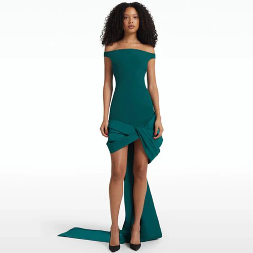 

Sexy Cocktail Dresses Blackish Green Jersey Pleat Draped Bespoke Occasion Gown Column&Sheath Off-the-shoulder Mini Dresses